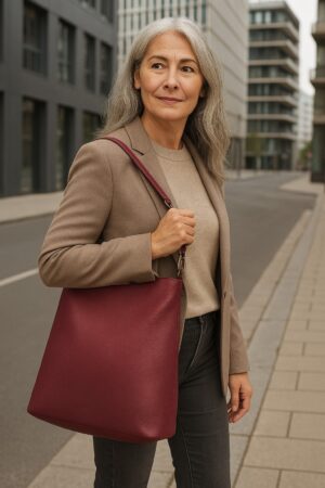 BREE Schultertasche Cary 13 aus rotem Leder - Dame trägt Bree Tasche in der Stadt